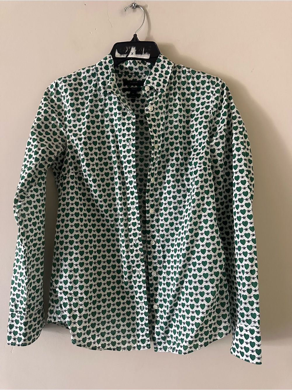 J. Crew White Button-Down Shirt with Green Heart Print